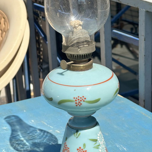 Vintage opaline oil lamp used with hand-painted floral decor 45x11.5 cm