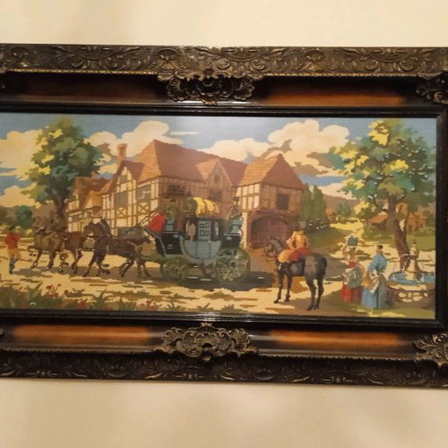 Embroidered painting used, very large with carved frame