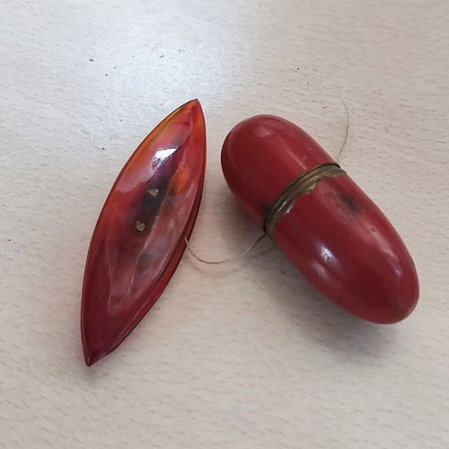 French thimble case with red enamel on bronze, circa 1910, used