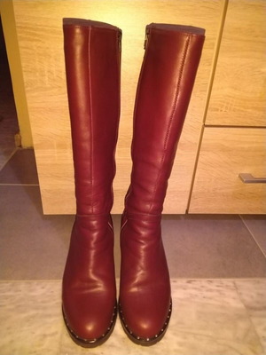 Women's leather boots, red, high heel, size 38