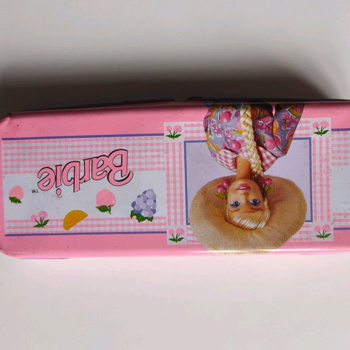 Barbie 90s metal pencil case used with pencil set, eraser and notebook