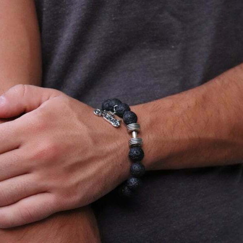 Handmade bracelet with lava semi-precious stone and metal dumbbell-motorcycle elements new, black