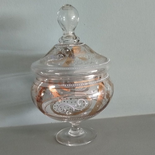 Handmade antique glass fondantière with 24K gold and enamel