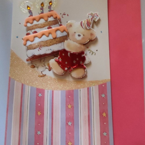3-D Birthday Greeting Card Pink Cake Bear New