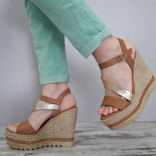 Harris leather platform sandals tan with rose gold, lightly used