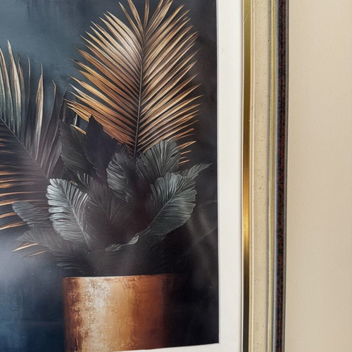 Framed art print with double frame and green background, like new