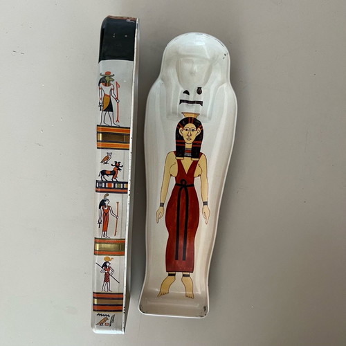 Metal sarcophagus pencil case used, vintage Ancient Egypt item