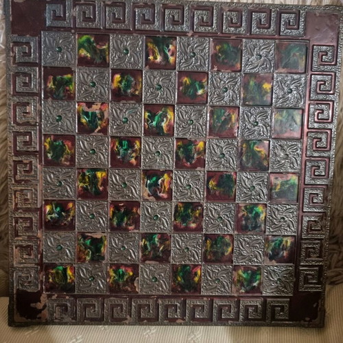 Vintage handmade copper chessboard used with enamel