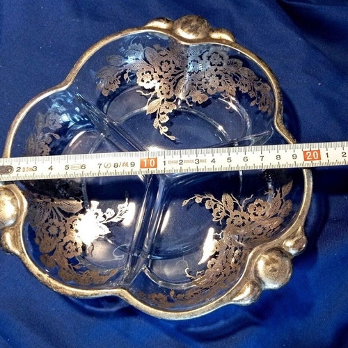 Vintage glass divided serving dish 20 cm with silver decoration like new