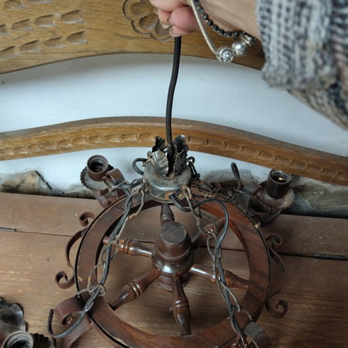 Chandelier made of wrought iron like new, rustic style with wood