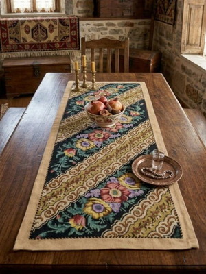 Vintage embroidered cross-stitch table runner like new with traditional floral design