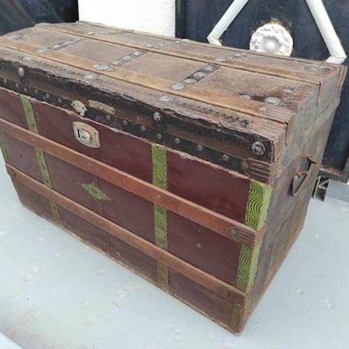 Wooden antique chest used with metal lining I.G. Velentzas