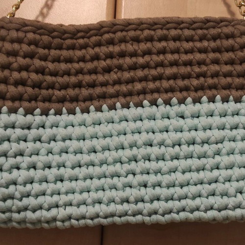 Knitted shoulder bag used, brown and turquoise