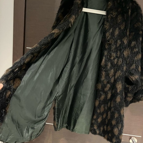 Eco fur coat with hood used, brown, oversized S-M