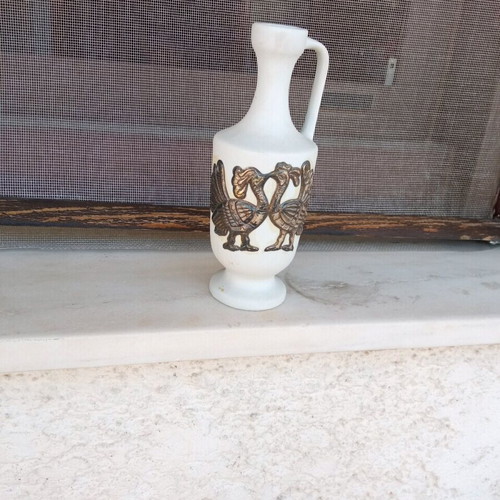 Faience jug used with two silver peacocks 17 cm