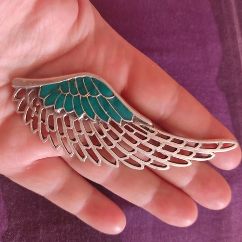 Feather brooch new with turquoise enamel and silver details