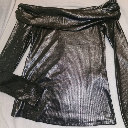 Shiny long sleeve blouse L like new, silver