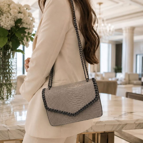 #OFFER New Women's Gray Bag with Crocodile Pattern and Chain Handles