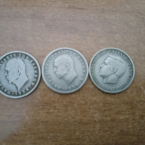 Drachma coins used, set of three from 1950s and 60s Greece