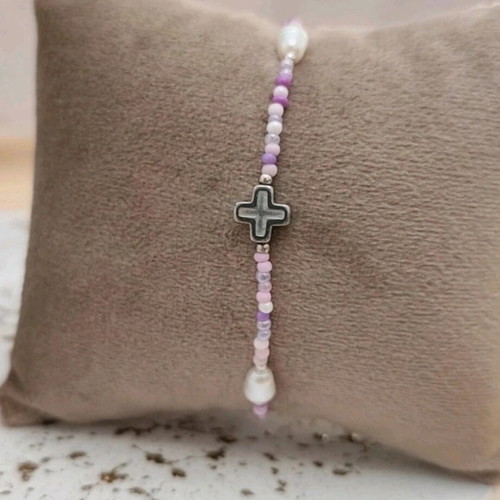 Steel bracelet with cross new, purple and silver