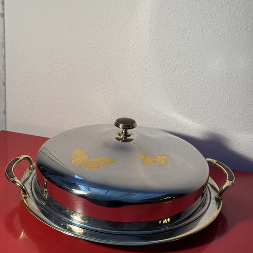 Stainless Steel Serving Tray with Lid used, gold details, 30 cm