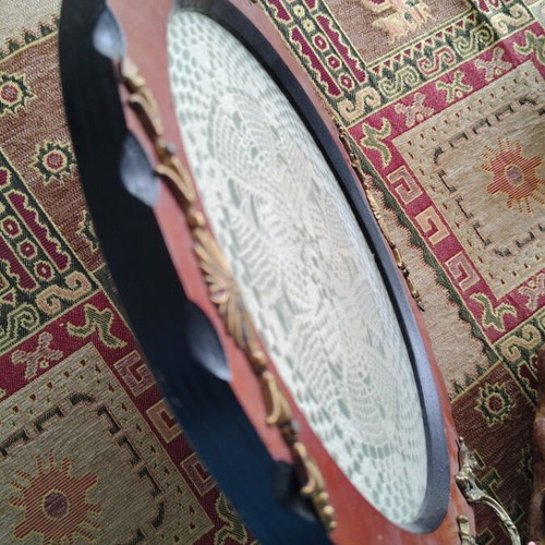 Serving tray like new with handmade doily, brass and wood