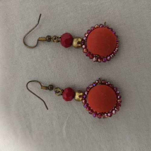 Handmade dangling earrings with red crystal and velour beads like new