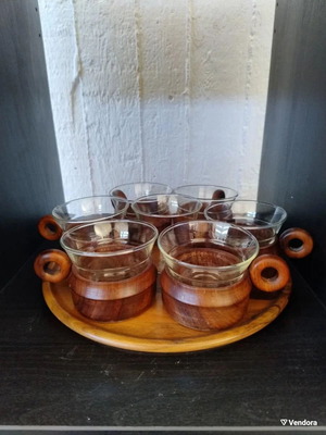 Teak wood tea set used, 6 glasses, sugar bowl and serving tray