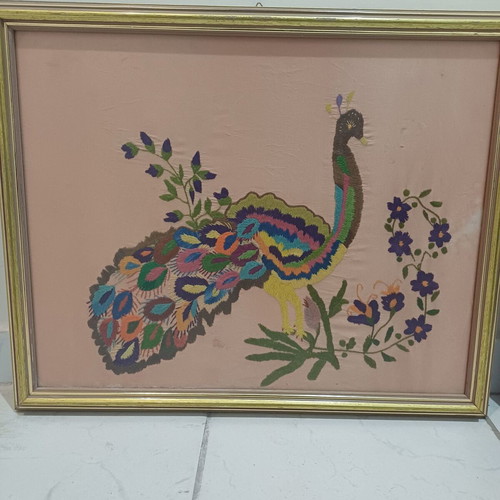 Asymmetrical embroidered paintings with peacocks used, set of two