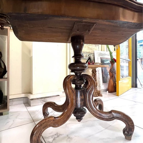 Antique table used, folding, solid walnut with storage space