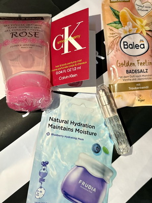Beauty set with CK Body Mist Smooth Berry and skincare products new