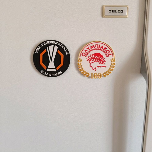 Olympiacos 100 Years Collectible Badge and UEFA Europa Conference League Winners 2024 Badge