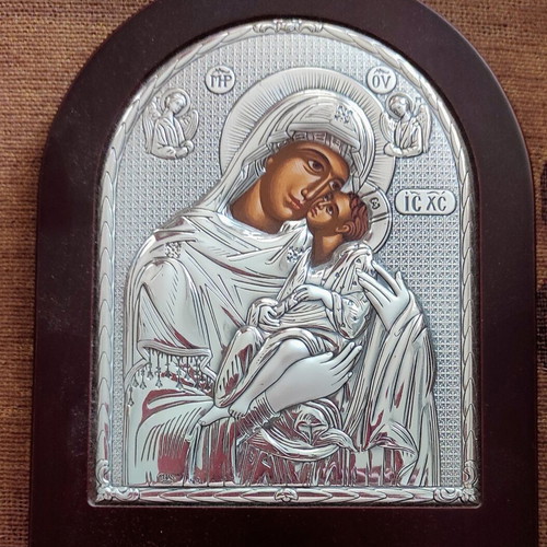 Silver Axion Panagia Glykofilousa Icon in Pure Silver 998 Grade
