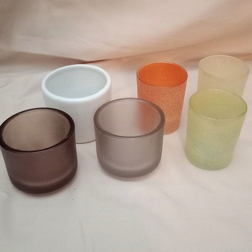 Glass candle holders used, set of 6, various colors with glitter