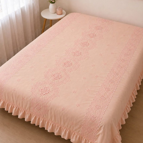 Vintage double bed bridal cover like new, pink-salmon with floral embroidery