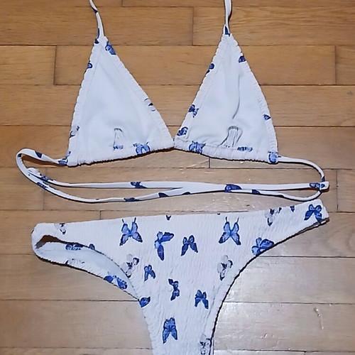 White Gofre Bikini with Blue Butterfly Design Size Medium like new