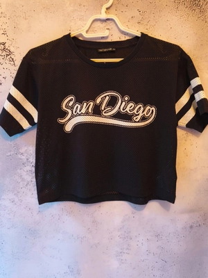 Women's mesh crop top used, black with print