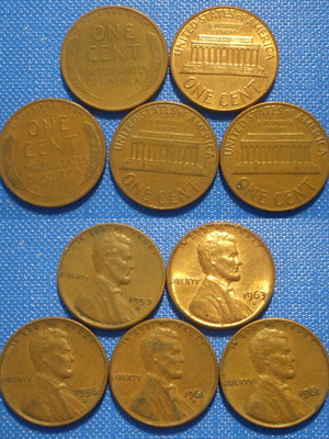 America United States 1 Cent used, pack of 5 coins 1956D-1957D-1961-1961D-1963D