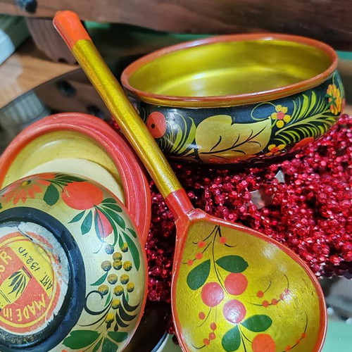 Russian Khokhloma utensils new, wooden, hand-decorated