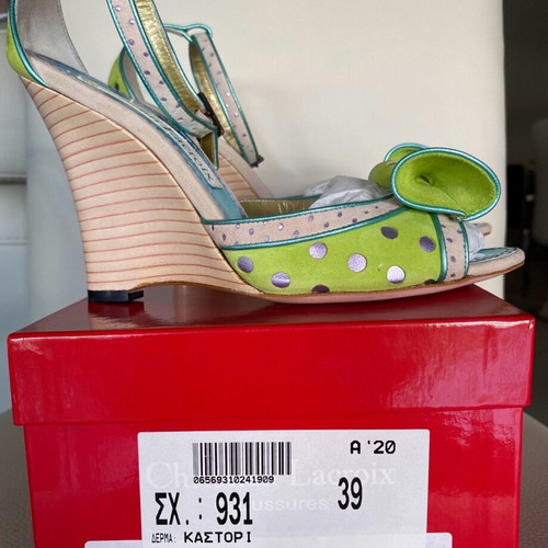 Christian Lacroix suede platform sandals like new, green with turquoise and gray details