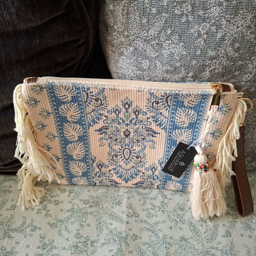 Aguablue Handbag new, blue and beige with fringes