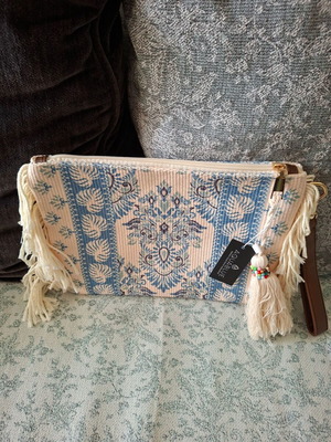 Aguablue Handbag new, blue and beige with fringes