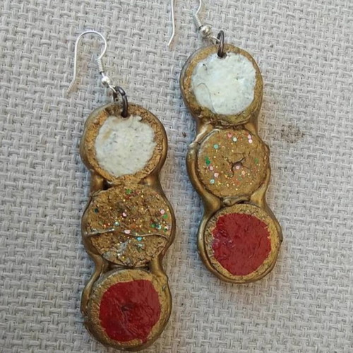 Cork earrings handmade from scratch in gold, red, and white