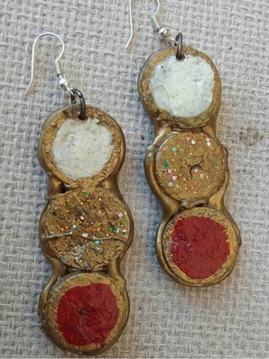 Cork earrings handmade from scratch in gold, red, and white