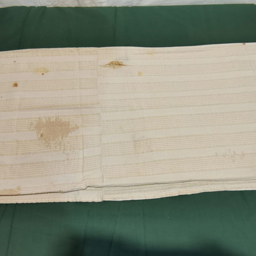 Wool woven bed sheet used, 1930s era with wear and stain
