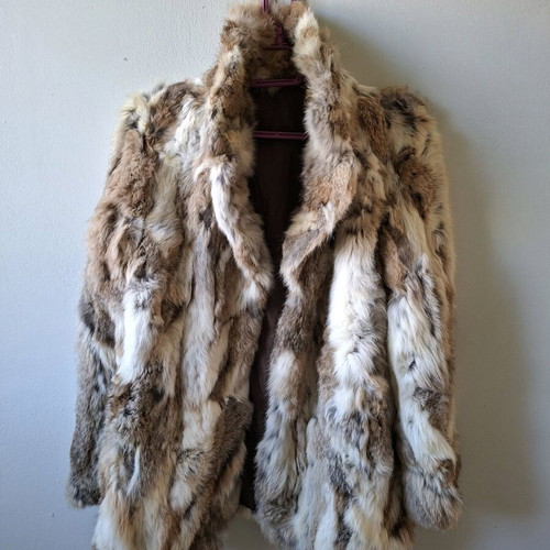 Natural fur coat used, 90s style, beige and brown