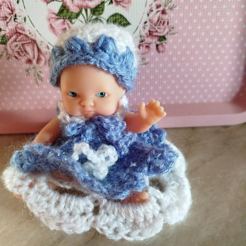 Doll with handmade dress and hat new, 10 cm