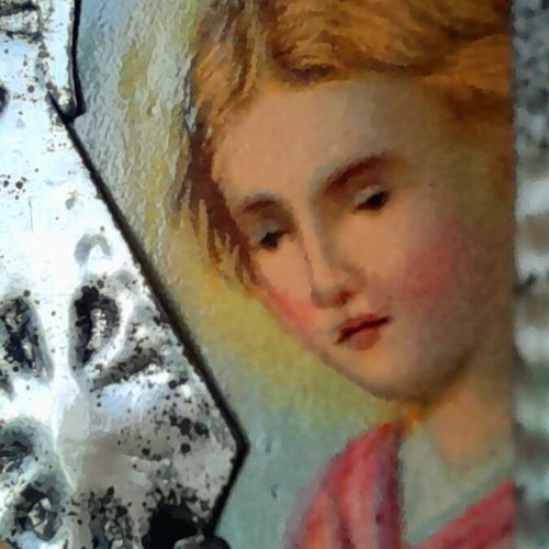 Virgin Mary with Christ Child religious icon with embossed metal riza, early 20th century