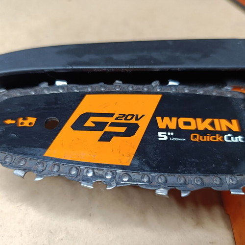 Wokin 20V battery chainsaw used with 2Ah battery and charger