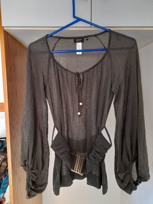 Blouse dark khaki see through with thick belt and wide long sleeves size small